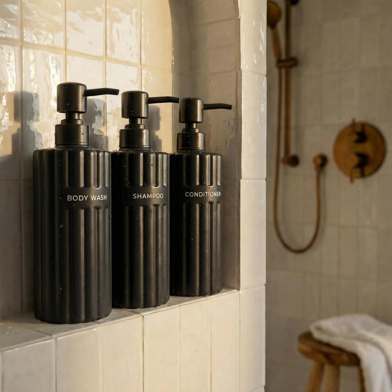 Stylish Shampoo and Conditioner Dispenser Set of 3 - Modern 19oz Shower Soap Bottles with Pump and Labels - Easy to Refill Body Wash Dispensers for an Instant Bathroom Decor Upgrade