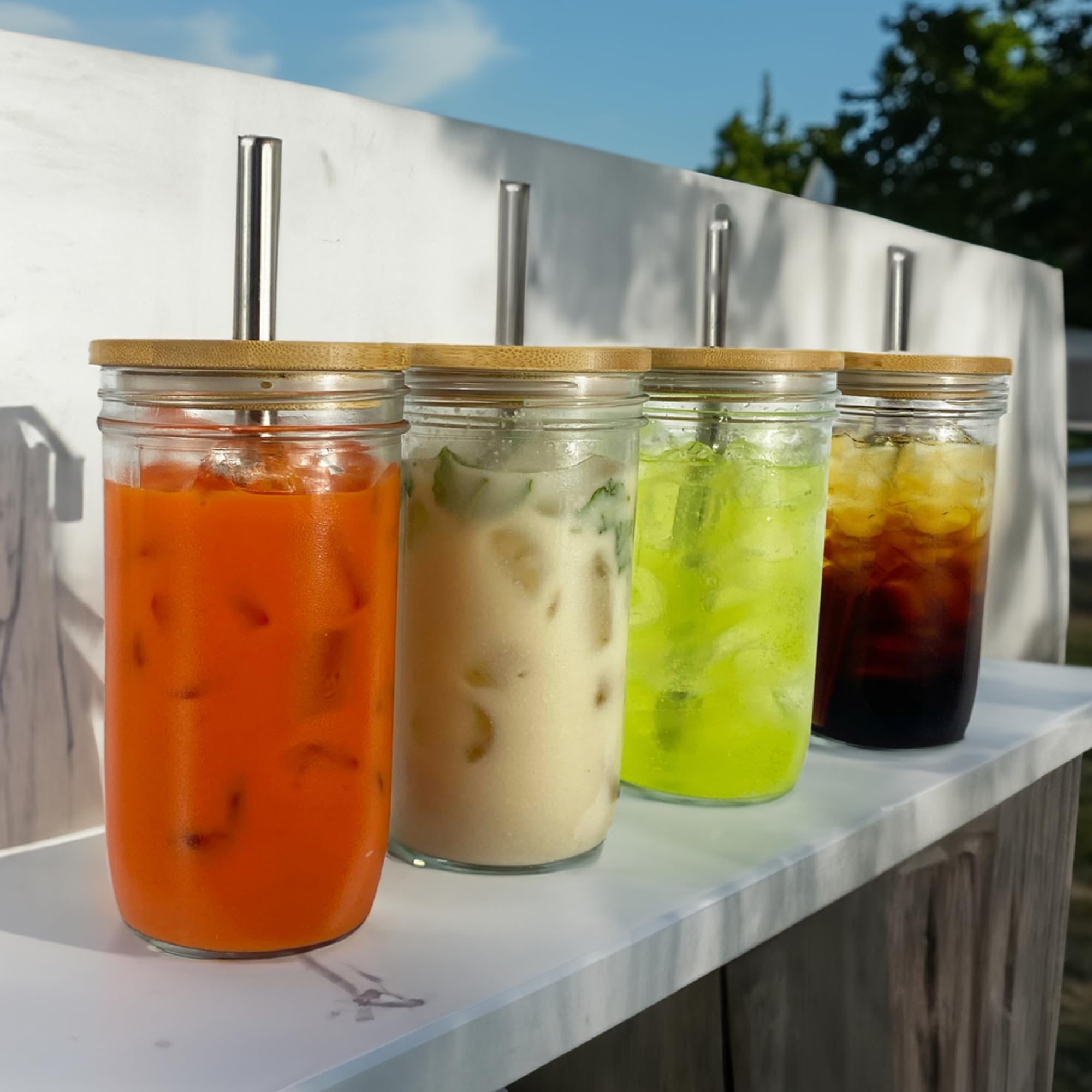 Mason Jar Cups with Lids and Straws - Reusable, Sturdy Food-Grade Crystal Glass Storage Jars - Easy to Clean, Eco-Friendly Quality Bamboo Lids - Amazing Gift - 4-Pack
