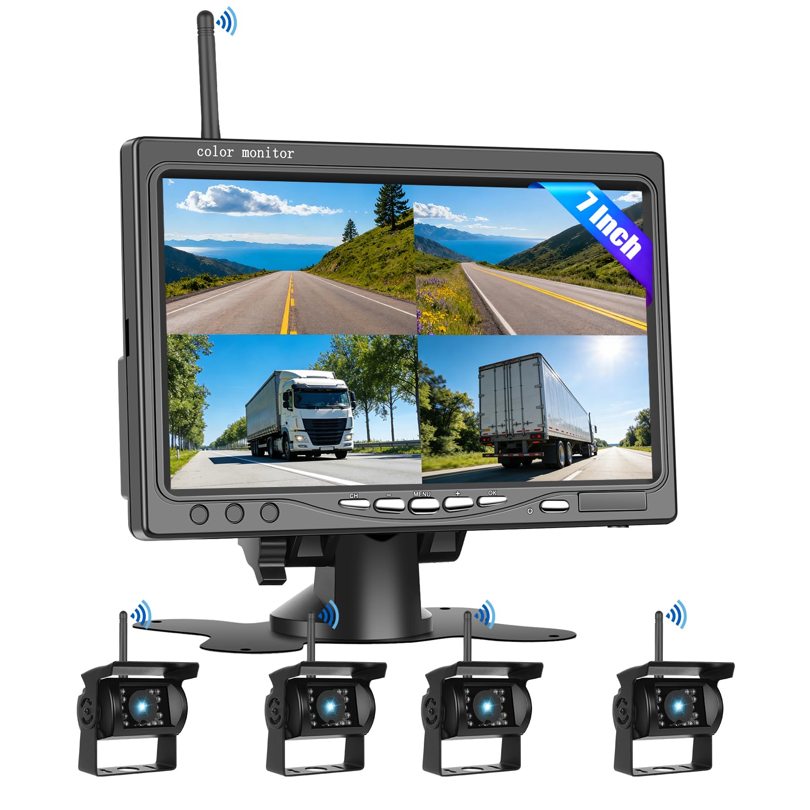 Telecamera di retromarcia senza fili 1080p per campeggio car schermo 7 pollici 4 canali visione notturna impermeabile IP69 per camion, camper, furgone, SUV, pick-up, con BSD
