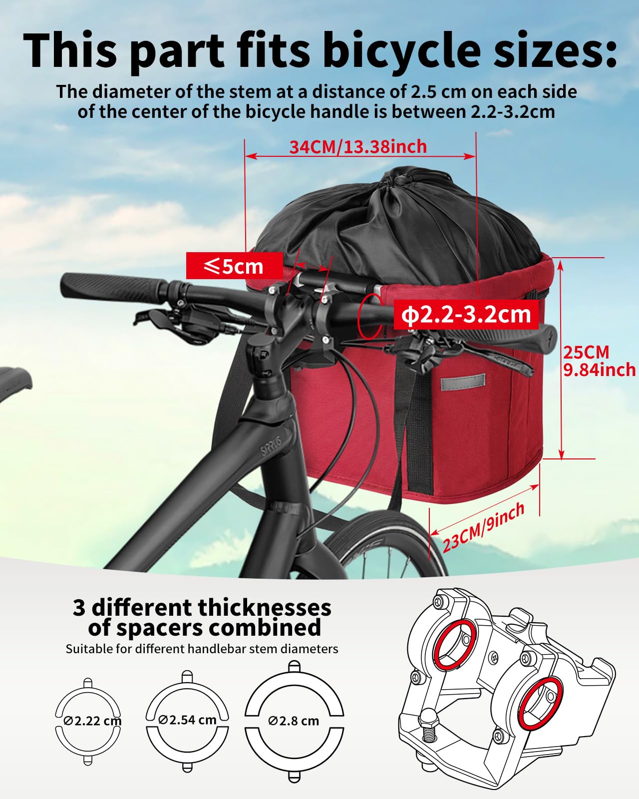 Cestino Bicicletta Anteriore, Cestino Rimovibile per Bicicletta Anteriore con Fissaggio rapido Pieghevole Fino a 5kg di Carico Cestino per Animali,Borsa per la Spesa,Campeggio All'Aperto, Rosso