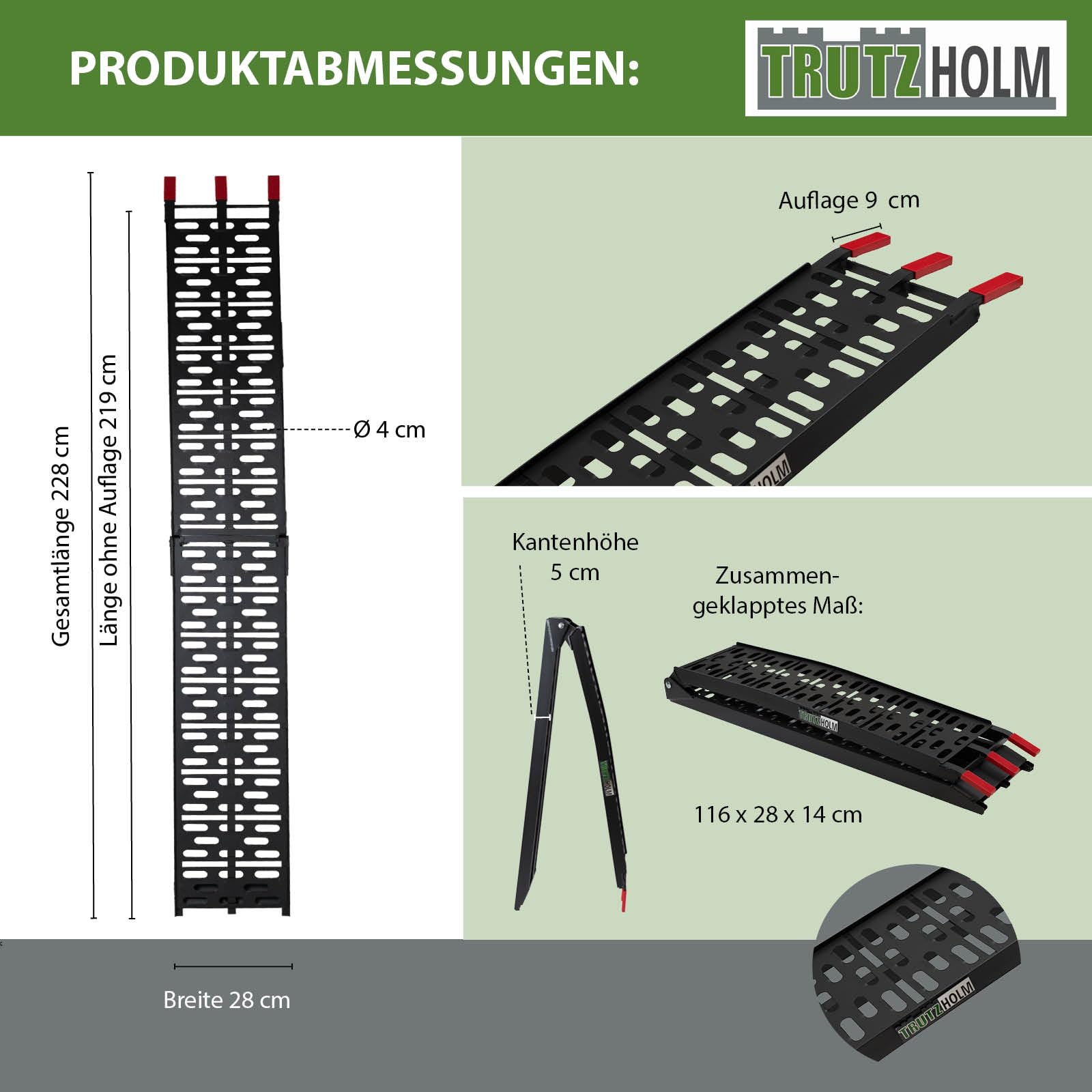 TRUTZHOLM Auffahrrampe klappbar Länge 228 cm Traglast 340 je Stück Motorradrampe Aluminium gelochte rutschfeste Lauffläche gummierte Auflage Verladerampe für Motorräder Roller E-Bike schwarz (1)