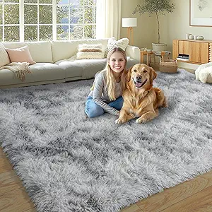 KING DARE Fuzzy Rugs for Bedroom 8x10, Ultra Soft Large Shag Living Room Area Rug Fluffy Carpet,Non-Slip Plush Modern Floor Rug for Kids Boys Girls Room Home Decor Aesthetic, Tie-dye Grey
