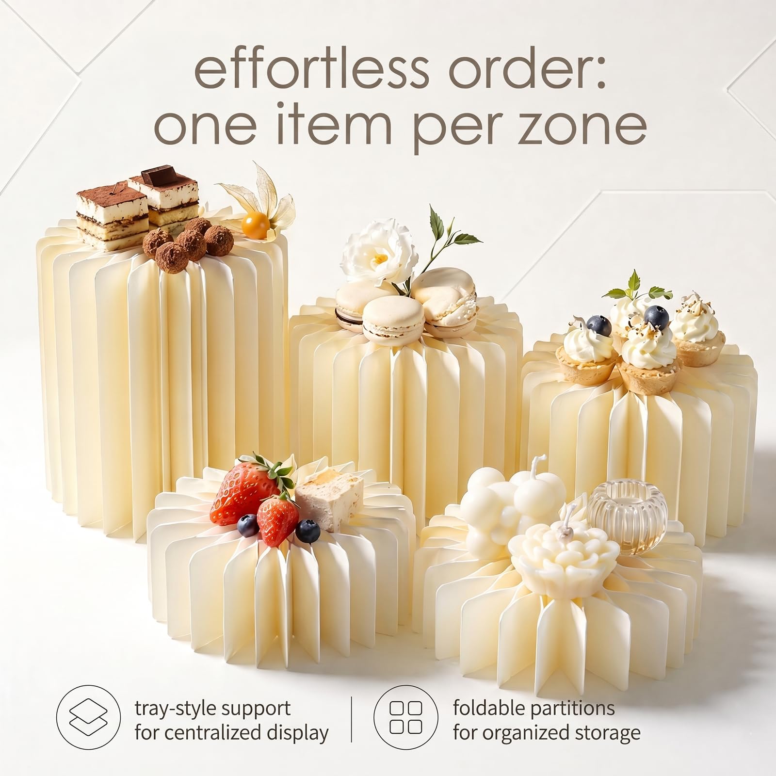 Gohytal Juego de 5 Columnas Decorativas de Cartón de 10/15/20 cm, Elevadores de Buffet Apilables Soporte para Tartas Reutilizable para Bodas Cumpleaños Comuniones Exposiciones y Navidad