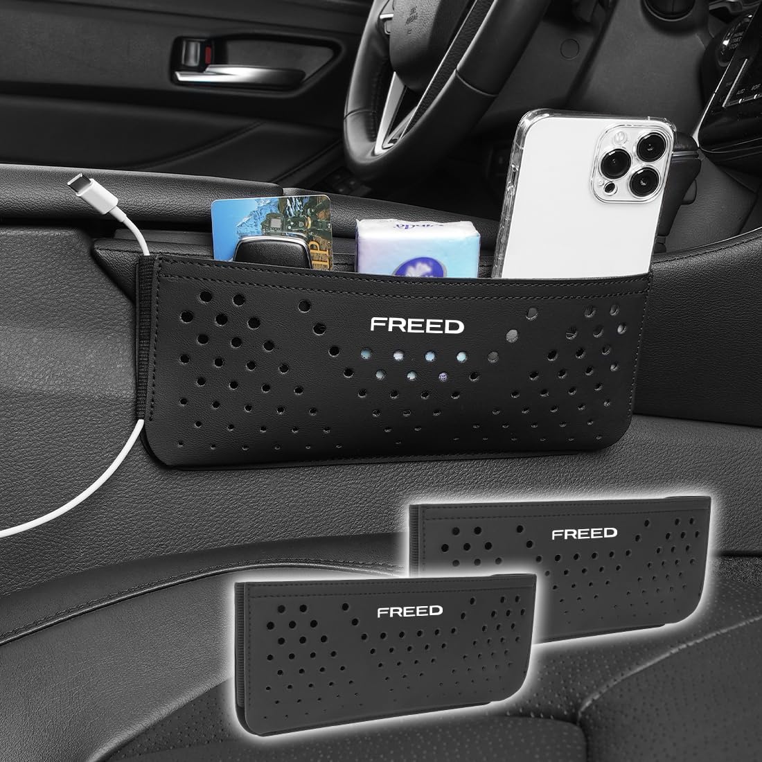 フリード 適用 車用 収納ポケット 粘着式 ロゴ付き かーサイドバッグ FREED GB系 GT系 e:HEV エアー クロスター 対応 小物入れ コンソールポケット シートバックボックス 小物収納 省スペース 使用便利 傷防止 多様な場所対応 取付簡単 カー 用品 2点入り(フリードに対応,パンチング式)