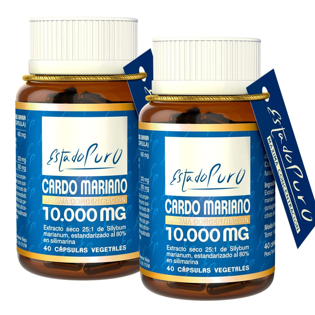Cardo Mariano Estado Puro 10000mg | Extracto de Semillas Concentrado 25:1 con 80% Silimarina y Colina | Apoyo para el Hígado, Limpieza y Detox | 40 Cápsulas Vegetales de Tongil (Pack de 2)