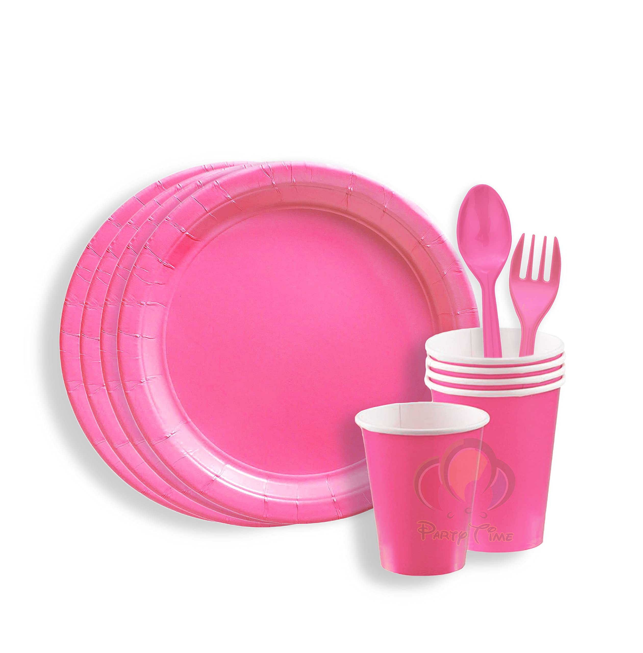 PARTY TIME - 24 Pieces Party Supplies Tableware Set Includes 6-9" Paper Dinner Plates 6-9 Oz Cups, 6-6" Spoon and 6-6" Forks for Plain Color Theme Disposable Birthday Dinnerware (Dark Pink)