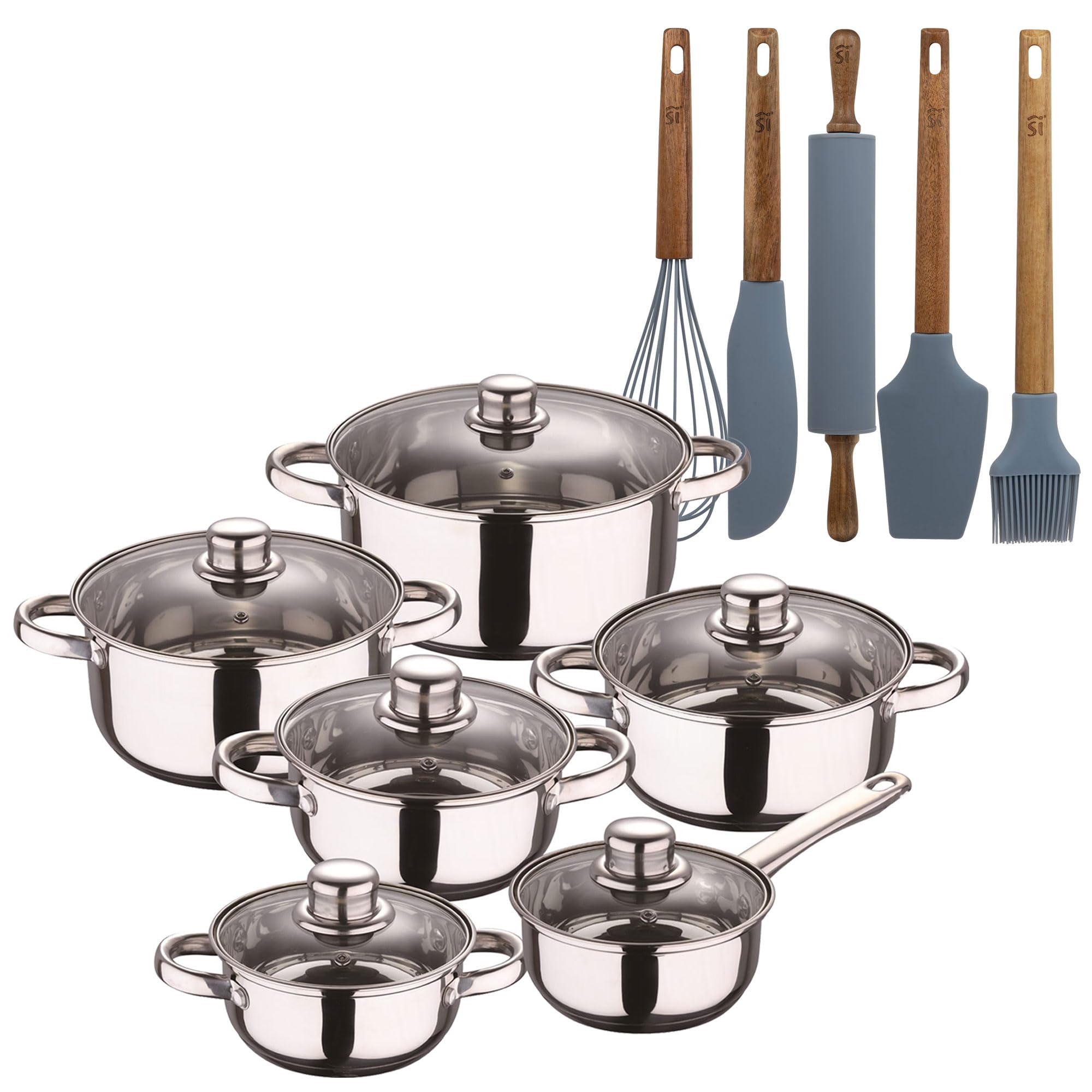 San Ignacio Kochgeschirr-Set, 12-teilig, aus Edelstahl, verchromt, Kollektion Cassel+, 5-teiliges Küchenutensilien-Set aus Silikon und Holz
