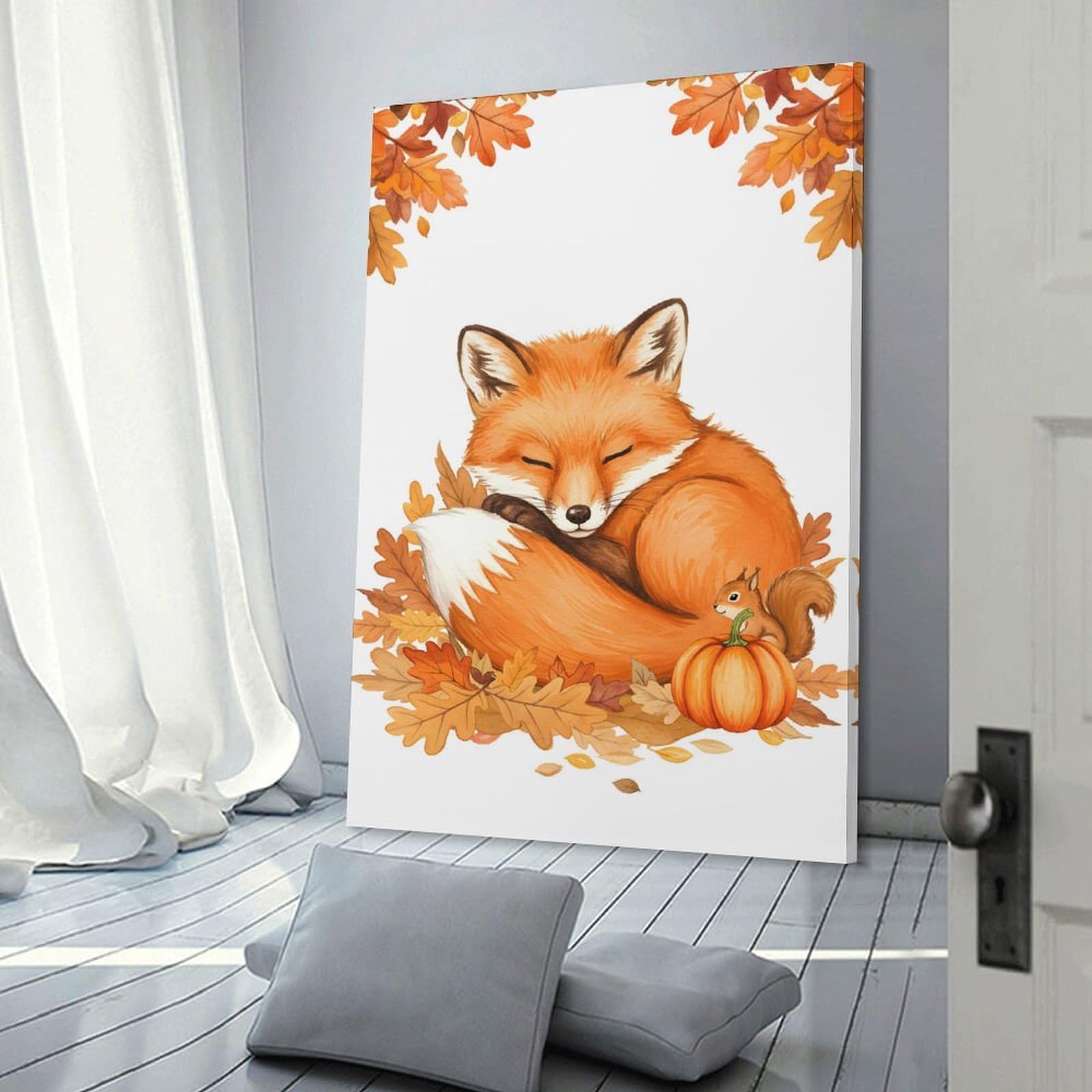 Junmoney Wall Decor Canvas Print Sleeping Fox with Squirrel And Pumpkin, 24x36inch(60x90cm), for Study, Office Or Apartment Decor, Canvas Artwork with Gifting Potential