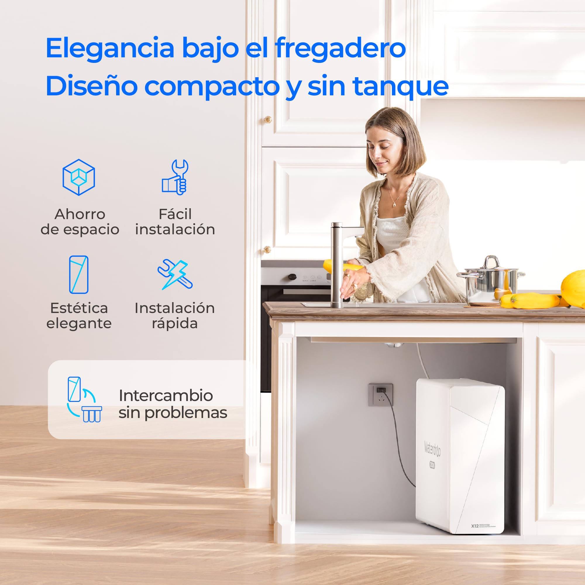 Waterdrop X12 Mineral Alcalino pH+ Ósmosis Inversa Sistema, NSF/ANSI 58&372 Certificado, 1200 GPD de Flujo Rápido, Filtración en 11 Etapas, 3:1 Pura a Drenaje, Libre de BPA