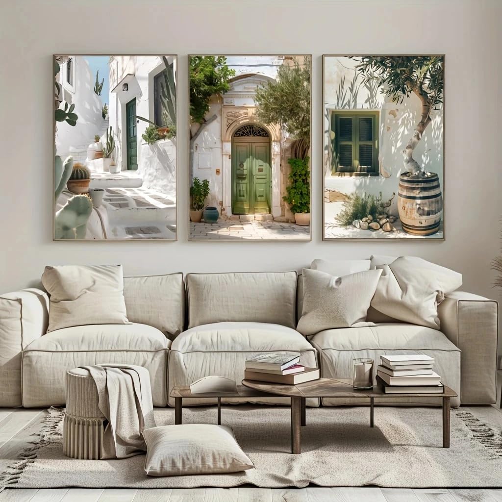 GKUVBF Stampe su tela di architettura mediterranea - Arte murale in stile moderno, stampe su tela per soggiorno, arredamento moderno per la casa (30x45cm x 3/cornice interna)