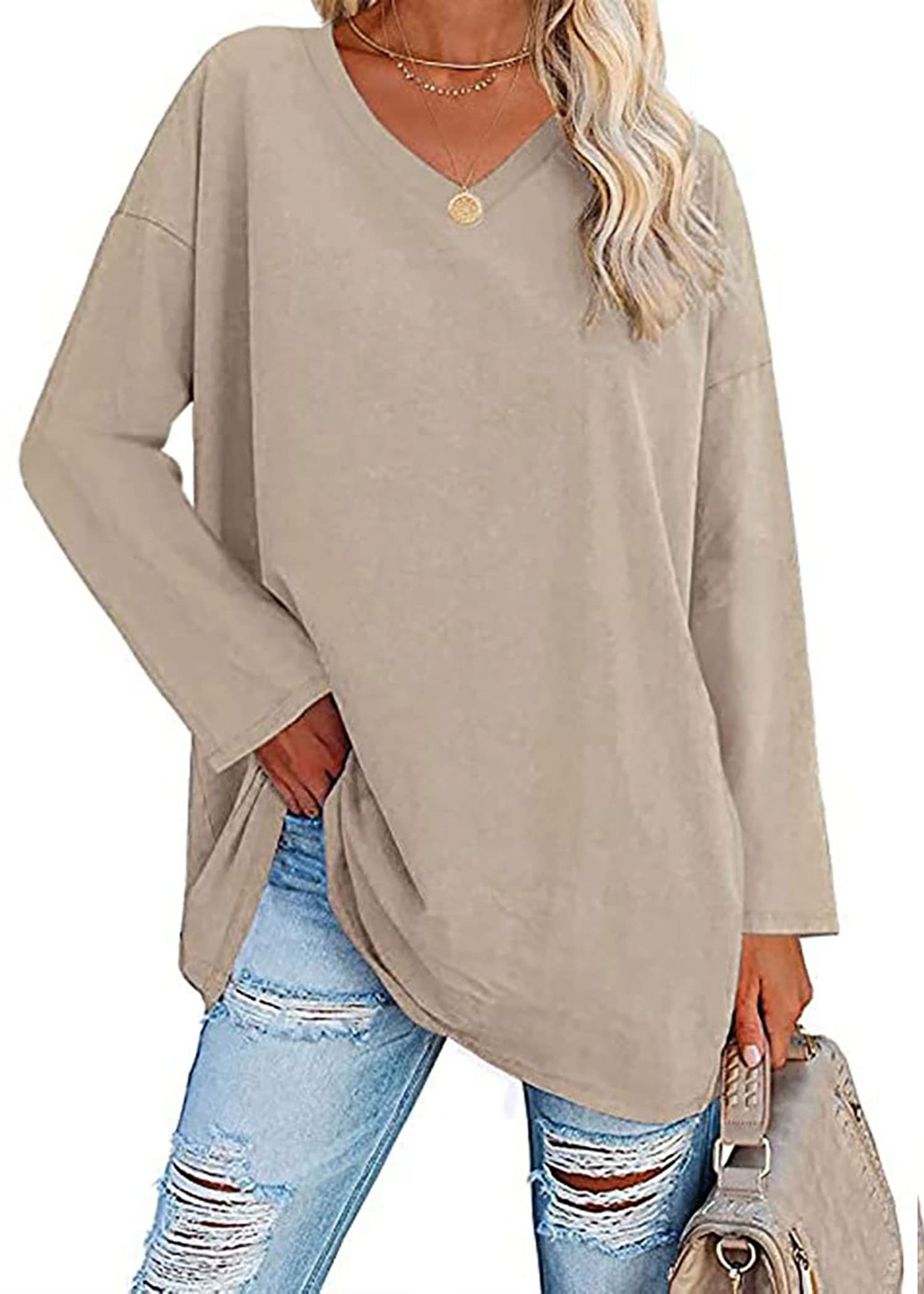TSMNZMU Womens Oversized T Shirts V Neck Long Sleeve Baggy Tees Cotton Blend Loose Fit Tops Solid Color Cozy Tunic