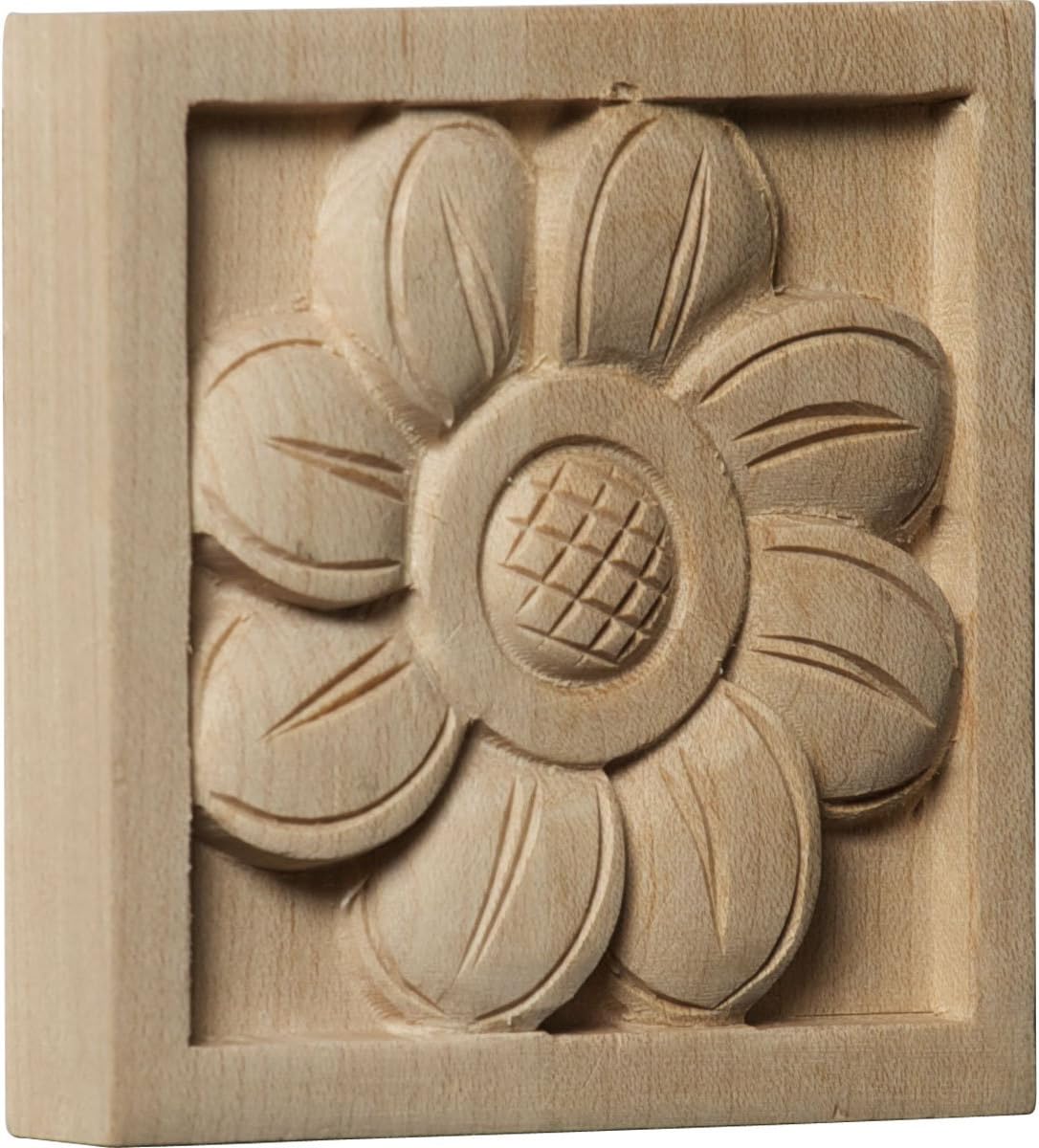 Ekena Millwork ROS03X03X01SFLW-CASE-4 Medium Sunflower Square Rosette, 3 1/2"W x 3 1/2"H x 3/4"P, Lindenwood, 4 Pack