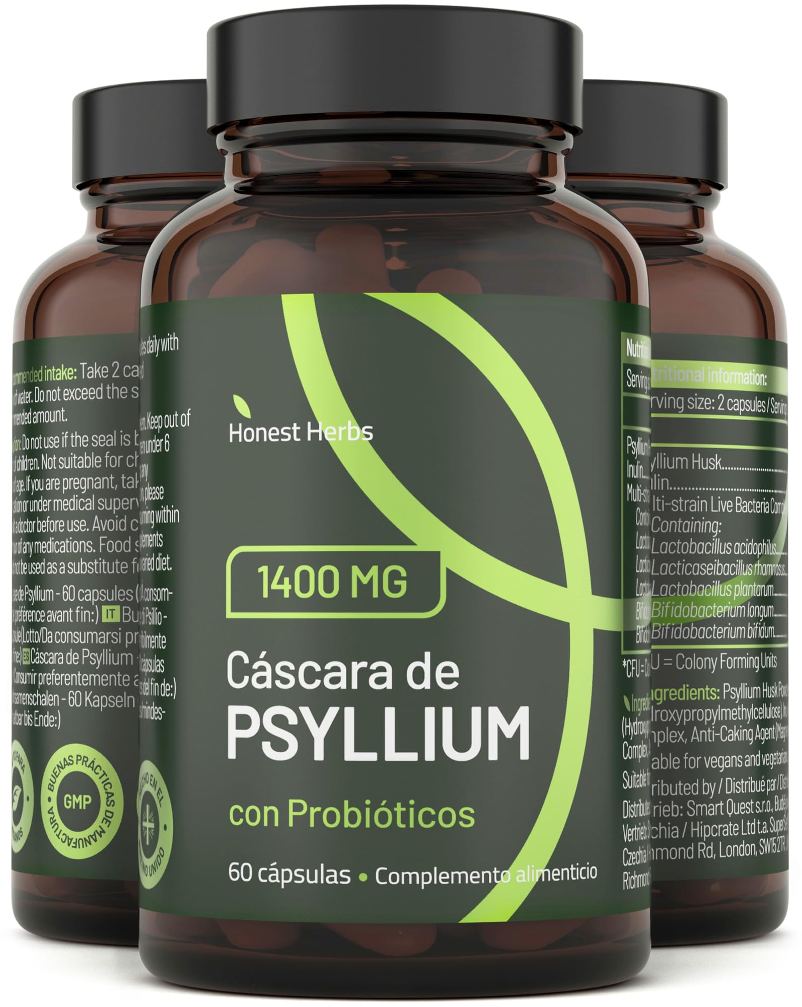 Cáscara de Psyllium con Probióticos 99% Pureza 60 Cápsulas 1400 mg Psyllium Husk 60 Mil Millones Probióticos Digestión Fibra Plantago Ovata