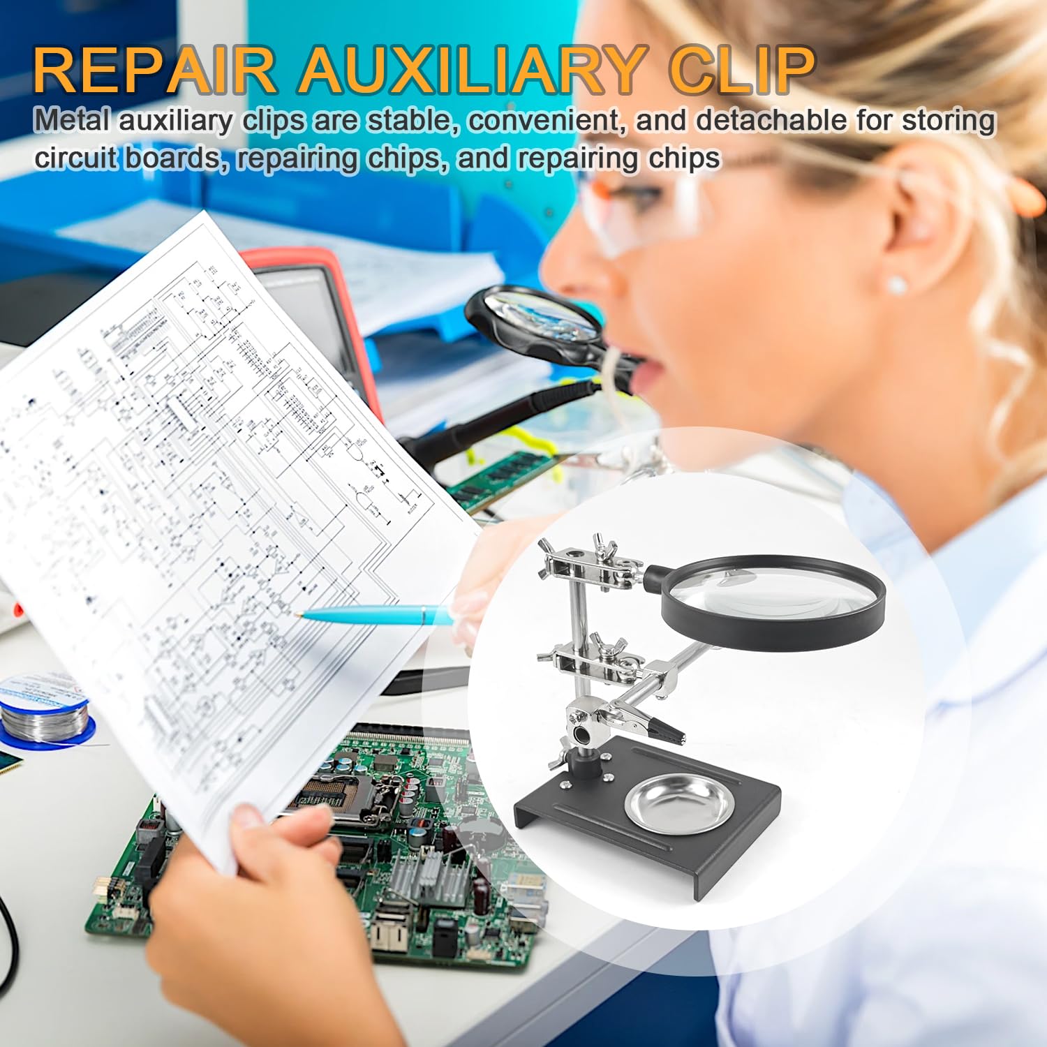 17 × 13 × 14 cm Strumento di Saldatura ad Alta Risoluzione, Supporto Regolabile, Lente D'ingrandimento 5x, Strumenti di Saldatura a Terza Mano, per la Riparazione di Prodotti Elettronici (argento)