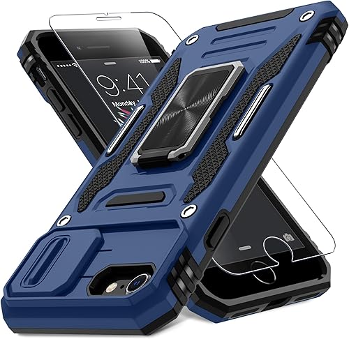 Miniatura 75 de DEERLAMN Funda para iPhone 14 Plus con cubierta deslizante para cámara + protector de pantalla (1 paquete), soporte de anillo giratorio con base