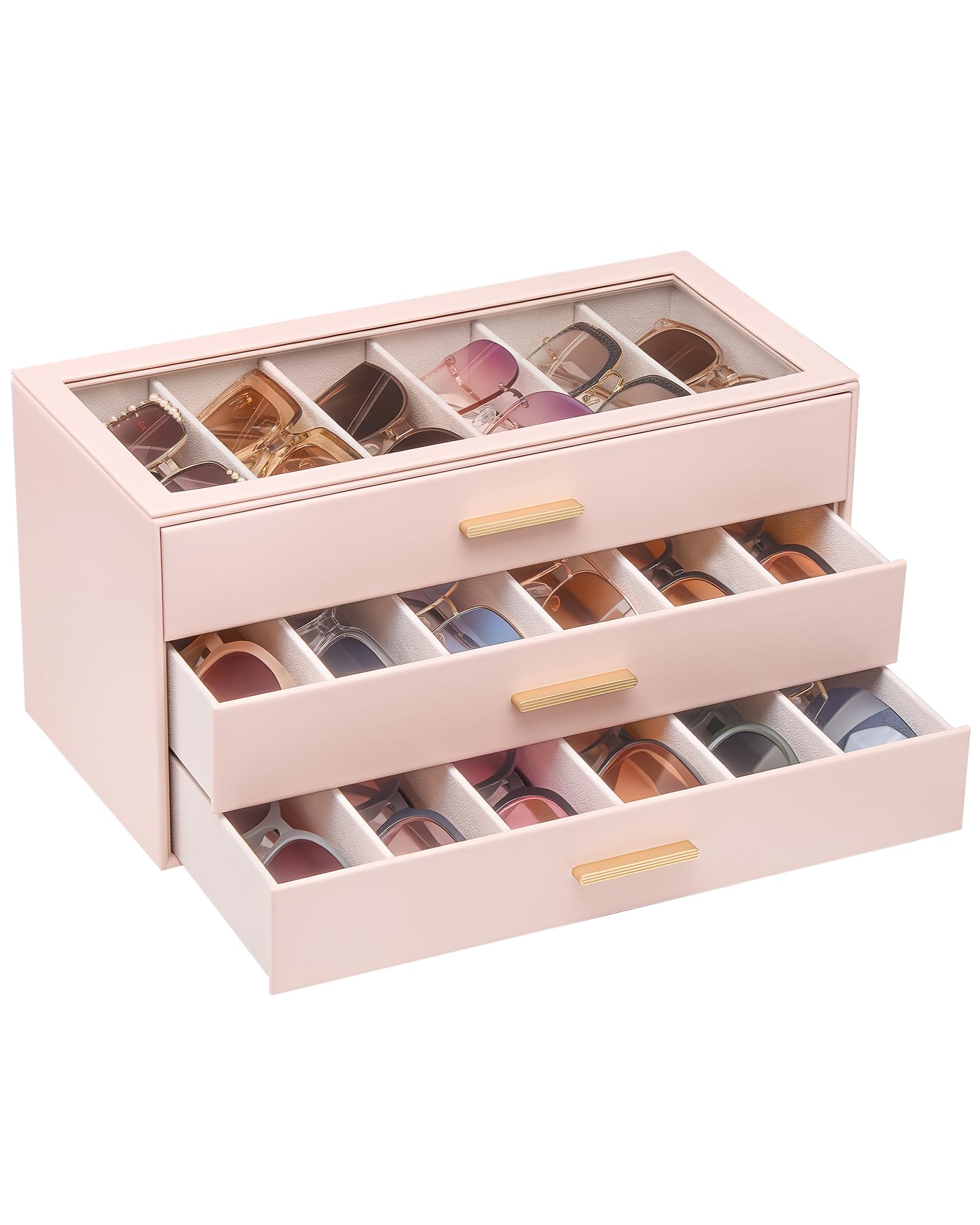 Lolalet 18 Slots Sunglasses Organizer, 3-Layer Sunglass Box with Transparent Glass Lid Display Case Storage Holder for Eyewear Eyeglass Multiple Pairs Glasses -Pink