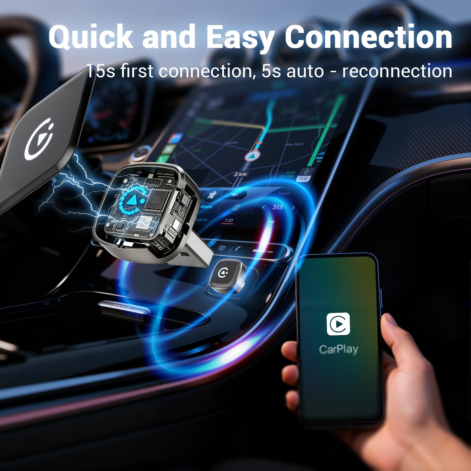 Condition photo showing New/Like New for wireless carplay adapter, suitable for vehicles equipped with cabled carplay, plug and play feature enables fast and stable carplay wireless connection, suitable for 800+ vehicles (grey)