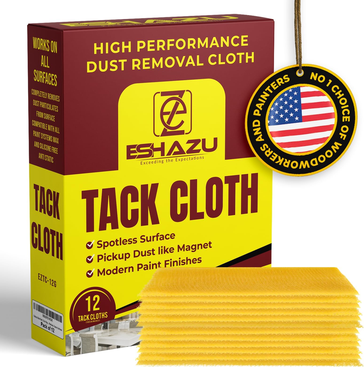 Eshazu Superior Tack Cloths (Box of 12) - Tack Rags for Woodworking and Painters Professional Grade - Removes Dust, Sanding Particles, Cleans Surfaces - Wax and Silicone Free, Anti-Static