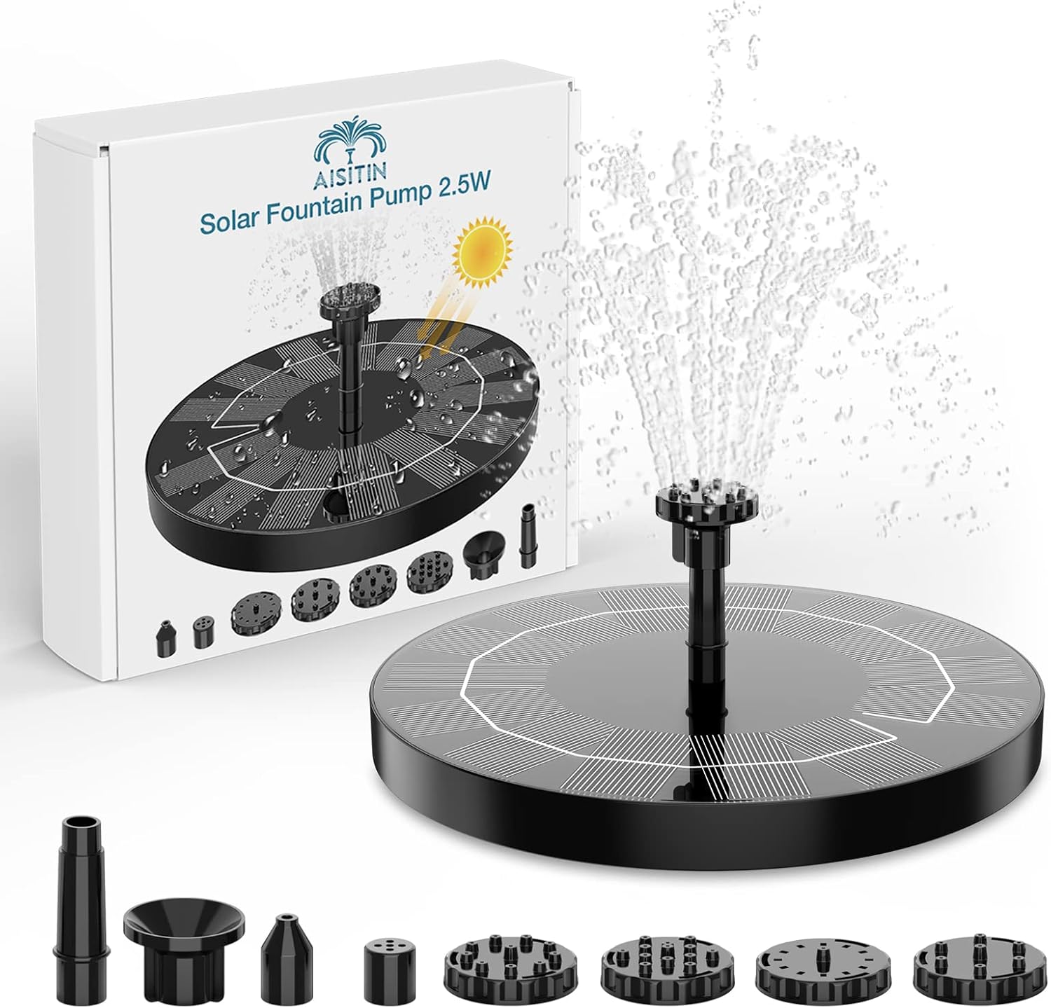 AISITIN 2.5W Solar Fountain Pump, 6.7" Solar Powered Water Fountain Pump for Bird Bath, Solar Pump for Fountain with 6 Nozzles for Garden, Ponds, Pool, Fish Tank, Outdoor and Aquarium - 60 PCS
