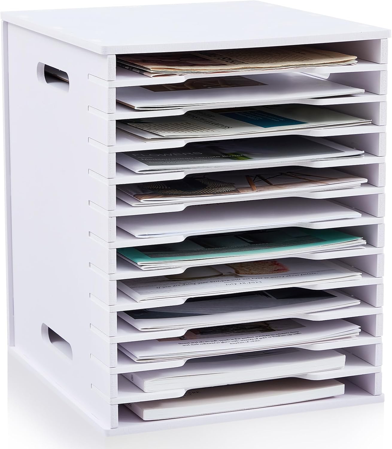 Juexica 12 Tier 8.5" x 11" Scrapbook Paper Organizer, White Cardstock File Organizer with Adjustable Shelves, Stackable Paper Trays, Desktop Storage Rack Document Holder for Desk Home Office