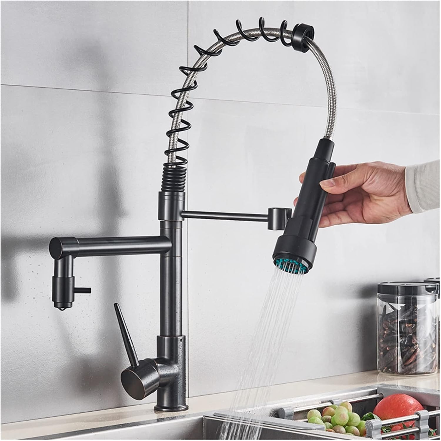 Blackend Spring Kitchen Faucet Pull Out Side Sprayer Dual Spout Single Handle Mixer Tap Sink Faucet 360 Rotation Kitchen Faucets(Matte Black A)