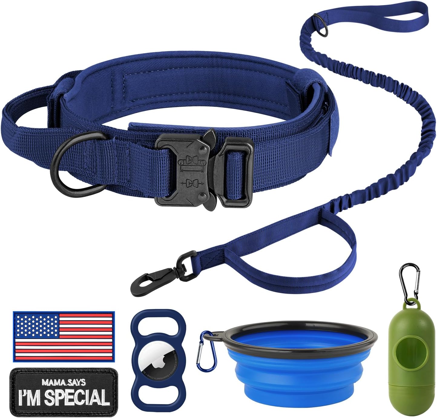 HYDEME Tactical Dog Collar Adjustable Nylon Collar with Control Handle and Heavy Metal Buckle for Medium and Large Dogs, with Patches&Airtags Case&Poop Bag Dispenser&Portable Bowl. (M, Brown-Set)