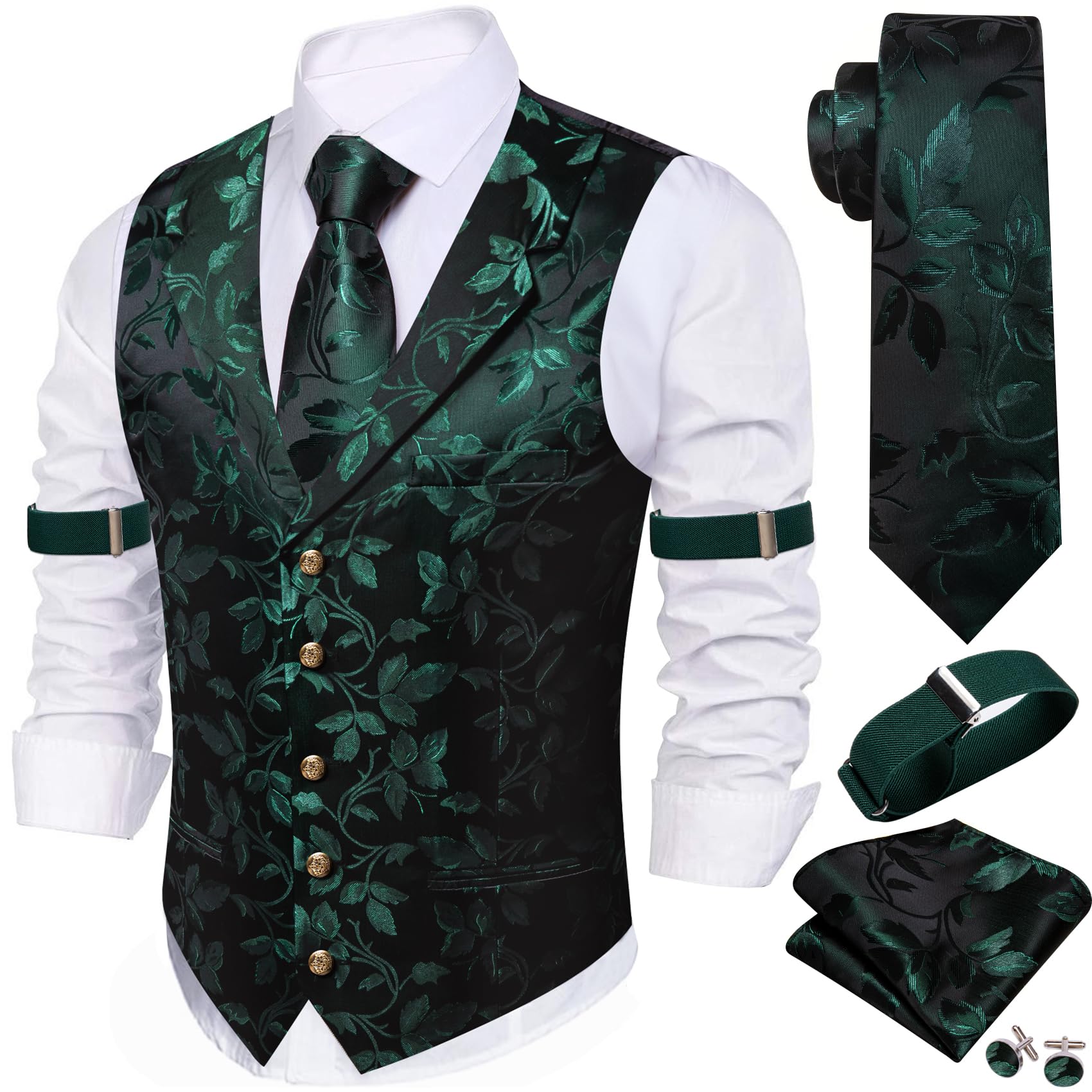 Barry.Wang Mens Silk Lapel/Shawl Collar Vest Tie Sleeve Holder Set Formal/Casual Paisley Vests Wedding Tuxedo Waistcoat