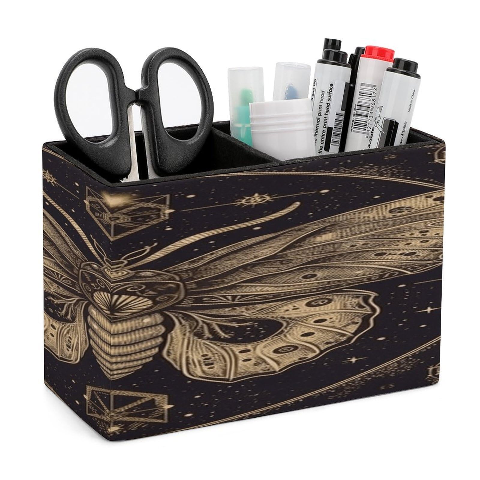 VstaDank Moth Pencil Holder for Desk Organizer 2 Compartments Pen Cup Leather Square Pen Holder Pencil Cup Stand Makeup Brush Holders for Desktop Organizer Storage Case