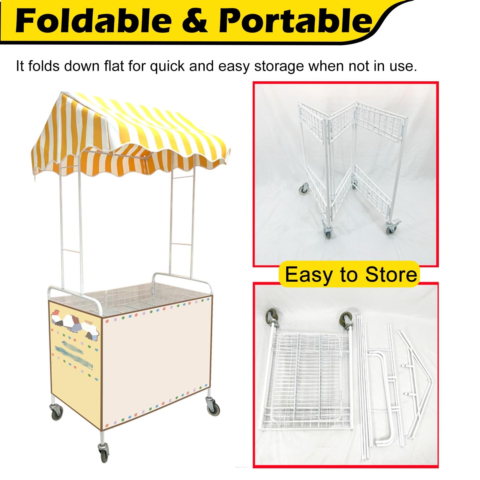Carritos de Mercado, Carrito Plegable de Metal para Catering con toldo Amarillo y Blanco, Carrito portátil para vendedores de Comida, Puesto de Mercado al Aire Libre para Venta Ambulante, 90