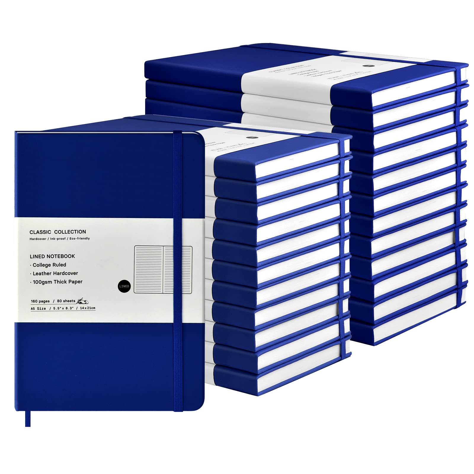 Confezione da 24 quaderni con copertina rigida, formato A5, a righe, per ufficio, casa, scuola, lavoro, 21 x 14 cm, carta spessa 100 g/m², 160 pagine (blu)