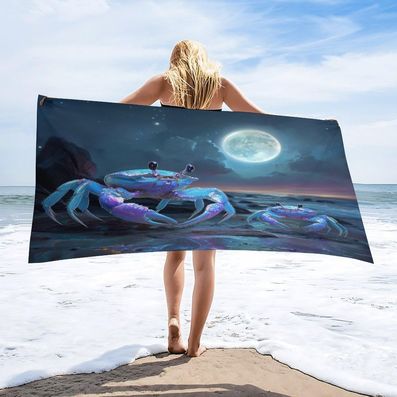 Luyysky Cute Classic Animal Crab Quick-Drying Beach Towel, Retro Realistic Full Moon Galaxy Seaside Beach Sea Life Crab Travel Vacation Single Sided Pile Bathroom Towels-80 W Cm X 160" L Cm