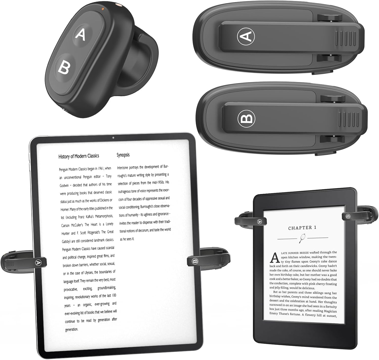 [2 Clips] Finger Ring Page Turner Remote for Kindle Paperwhite Remote Page Turner Accessories for Kindle Clip Clicker Rechargeable Page Turner for Ipad Android Tablets Phone Camera Triggers