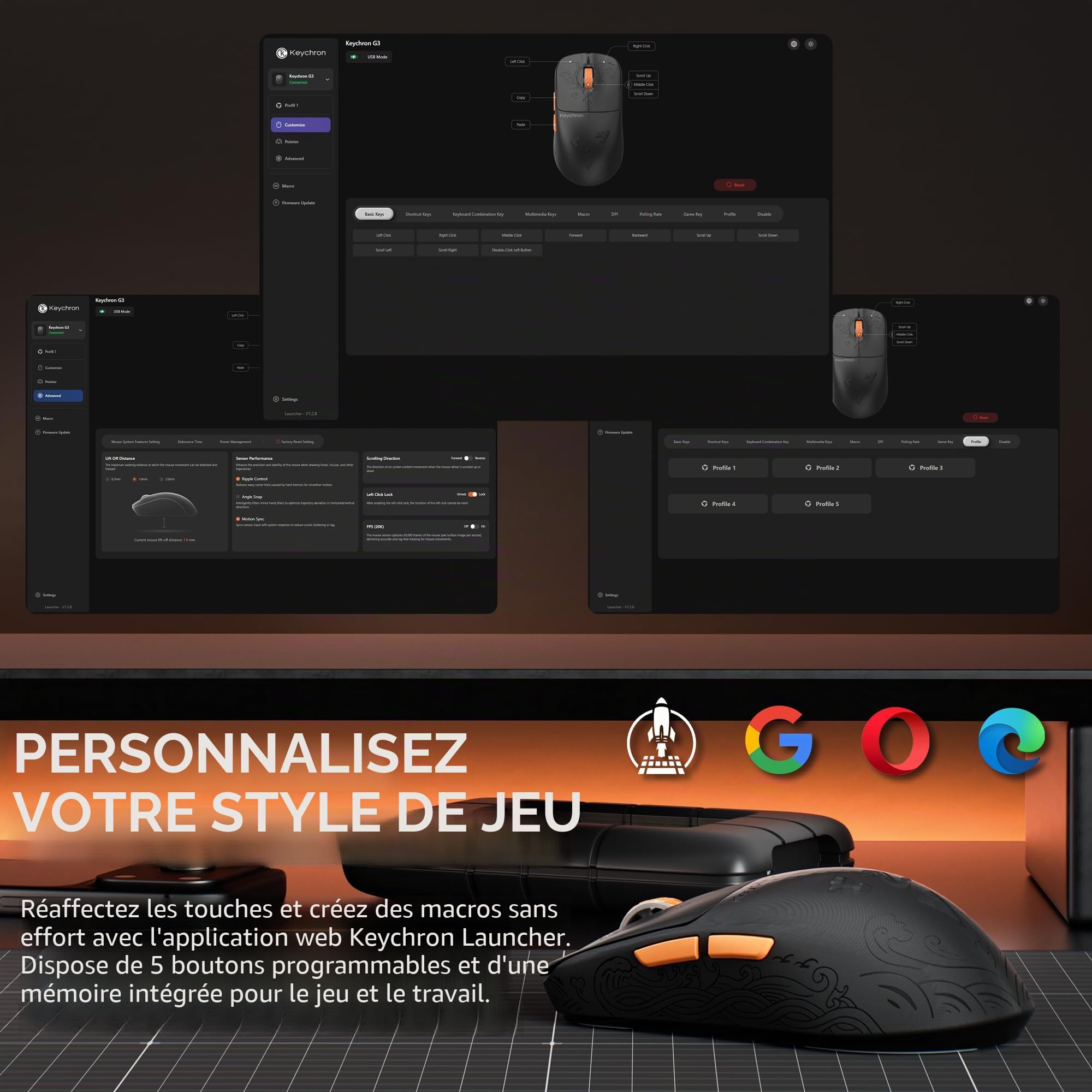 Keychron G3 8K Souris Gaming en Fibre de Carbone, Ultralégère 44g, 8000 Hz, 2,4 GHz/BT 5.3/USB-C, PixArt 3950, 30000 DPI, 160 Heures d‘Autonomie, 5 Boutons Programmables, Idéale pour l'e-Sport et FPS
