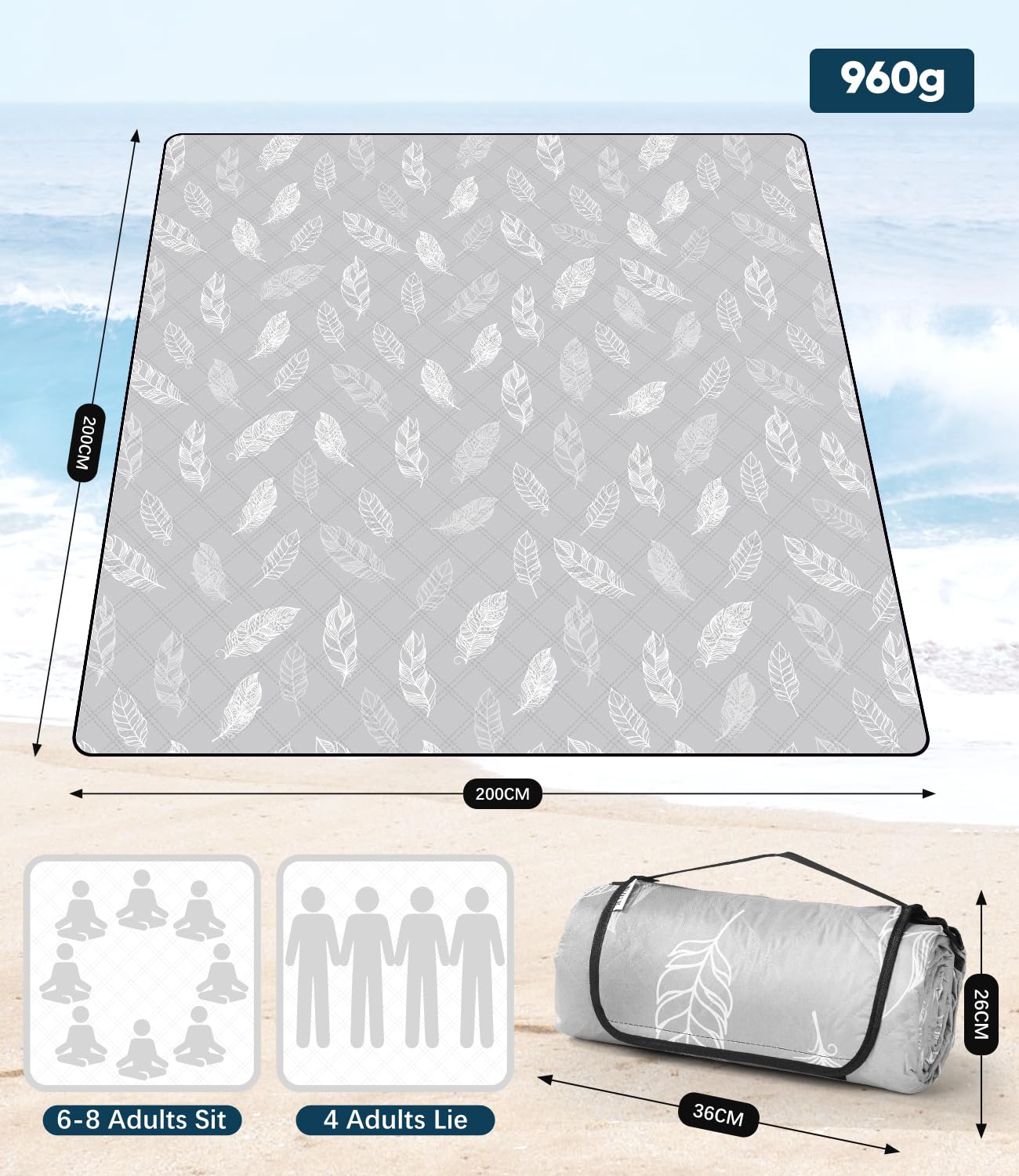 DEWUR Picknickdecke wasserdicht waschbar, Stranddecke Sandfrei XXL Campingdecke Strandmatte isoliert mit wasserdichter Unterseite (200 x 200 cm, Grau)