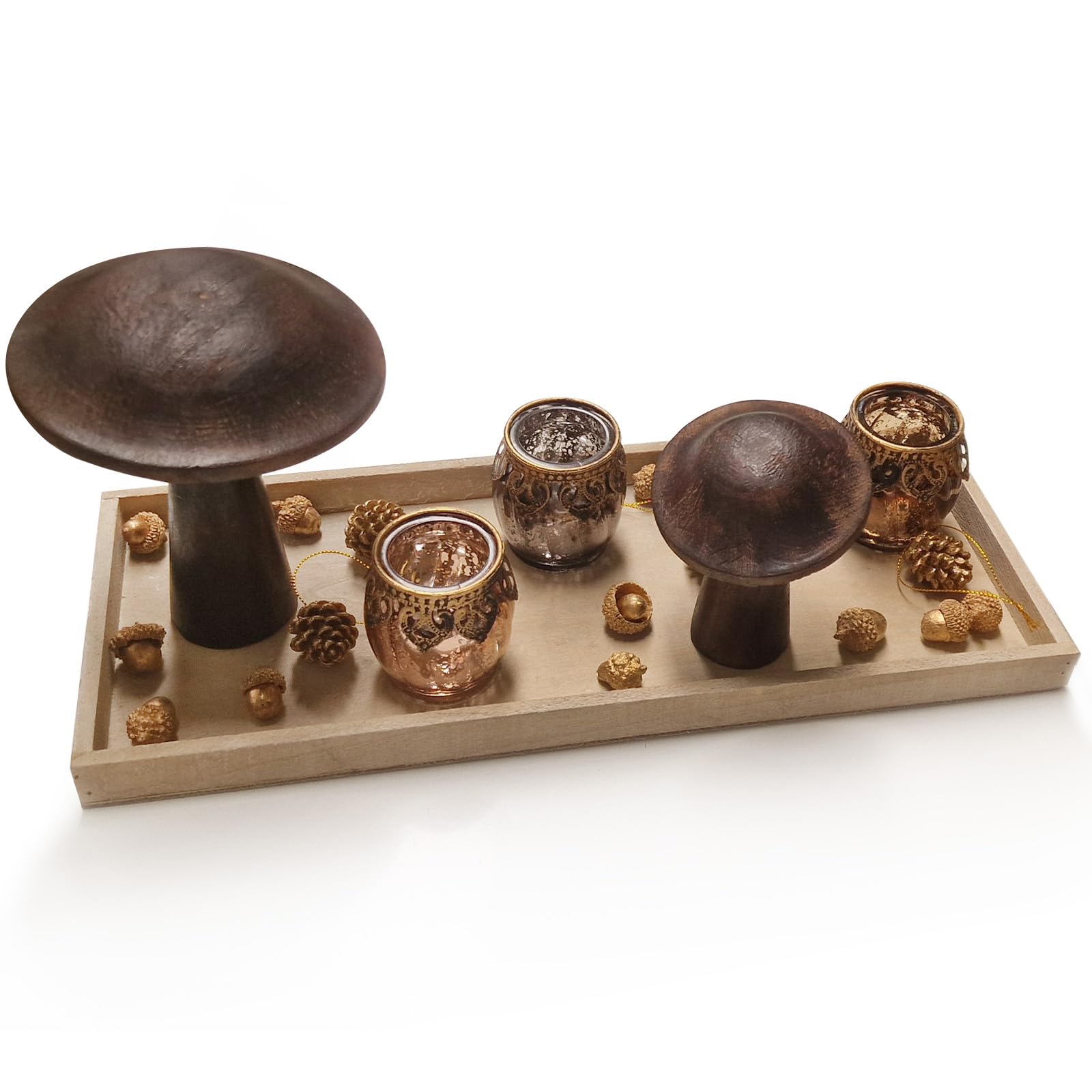 Logbuch-Verlag Décoration de table spéciale pour l'automne et Noël avec champignons noix et photophores dorés 45 x 18 x 20 cm