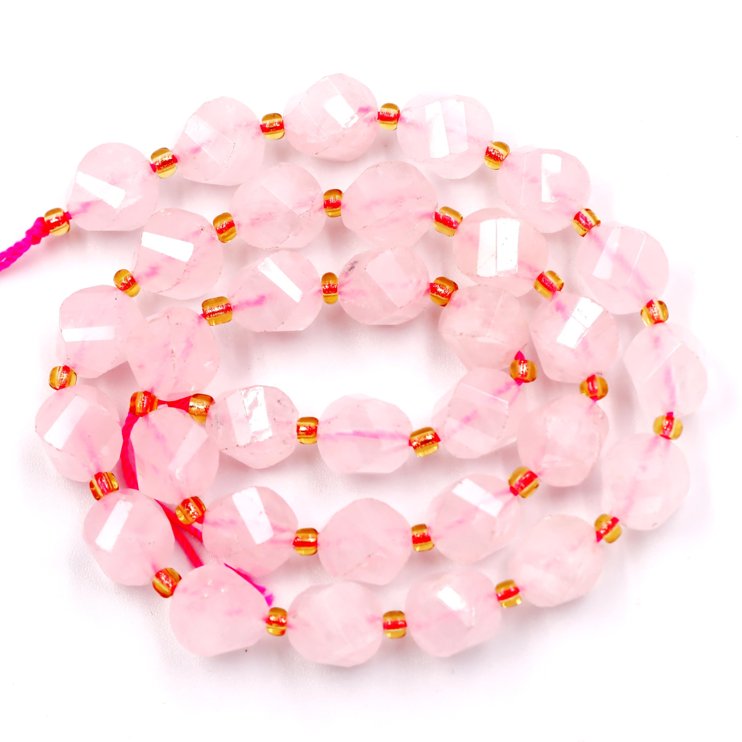 Malahill Wholesale Natural Stone Beads for DIY Jewelry Making Sold per Bag 5 Strands and one roll Cord Inside Faceted S Shape Rose Quartz 10mm