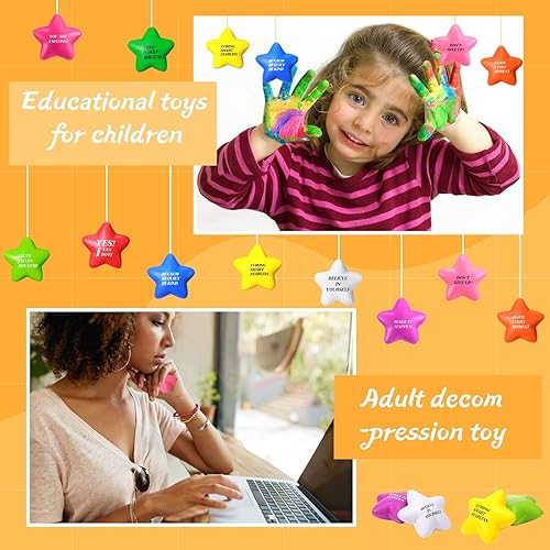 Miniatura 7 de Sratte 60 bolas motivacionales para el estrés para niños y adultos, juguetes de estrellas con citas de colores surtidos, pequeños juguetes de