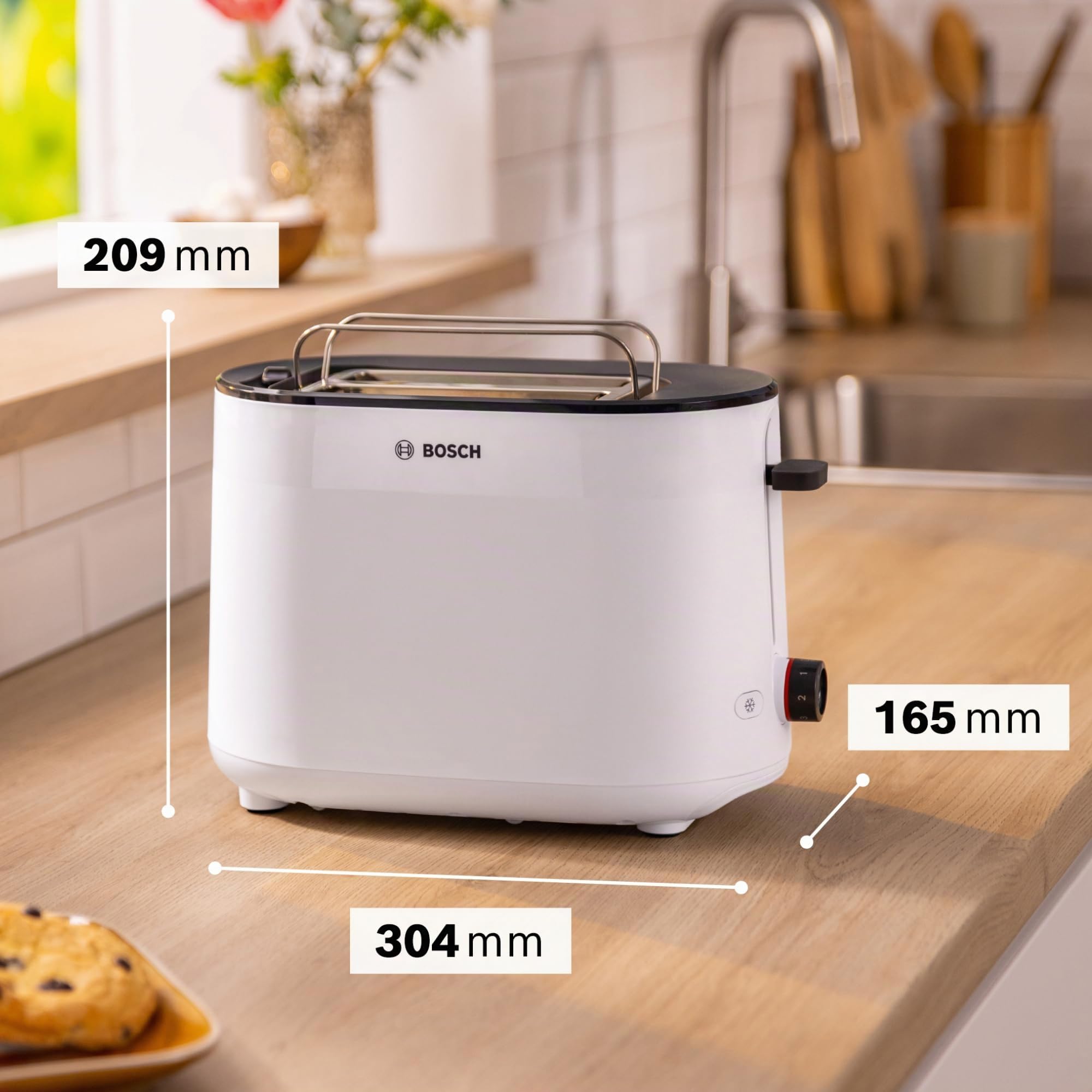 Bosch MyMoment TAT2M121 - Tostapane compatto con funzione di scongelamento, con funzione di spegnimento automatico, funzione sollevamento, centraggio del pane, perfetto per 2 fette, 800 Watt, bianco