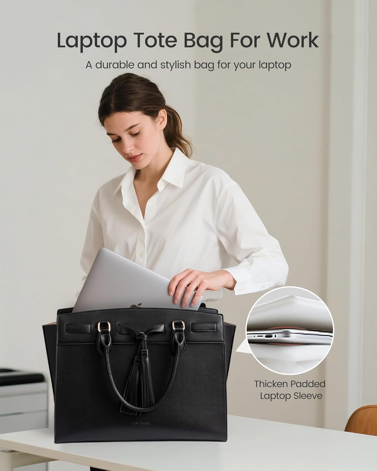 LOVEVOOK Laptop Bag for Women,Work Tote Bag with Large Cup Holder,Leather Computer Bag Teacher Bag Handbag Gifts for Women - Image 4