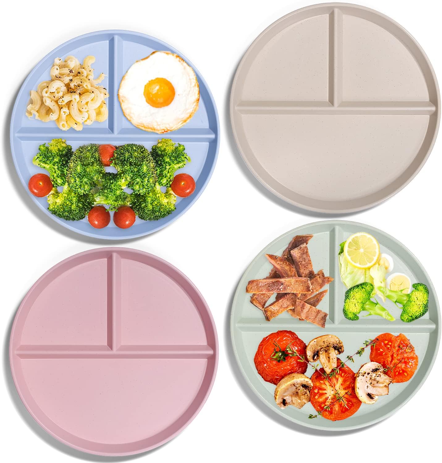 BeautySun Premium Dinner Plates Sets, Updated Portion Control Divided Diet Plates Set, Unbreakable 4pcs Picnic Plastic Plates 9'', Reusable Lightweight Deep Dishes Set for Adults Kids