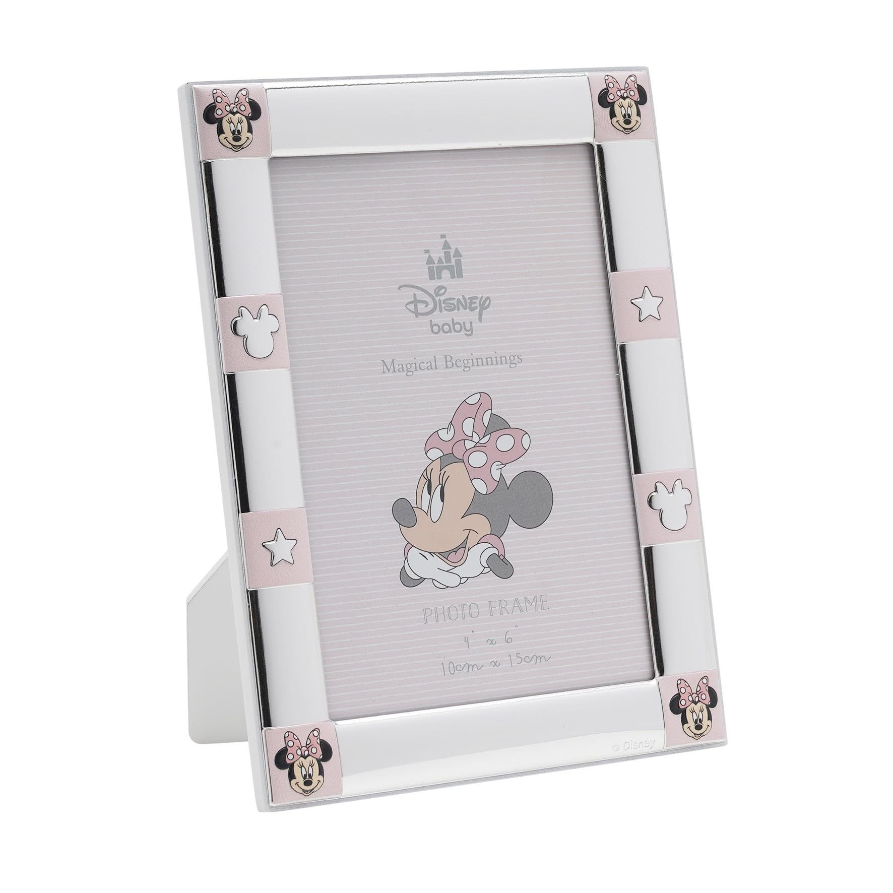 Disney – Minnie Mouse – Real Silver-Plated 4 x 6″ Border Single Aperture Photo Frame – Made in Italy – Licensed Disney Merchandise – Self-Standing Wood Back - Early Years, New Baby Nursery, Kids.