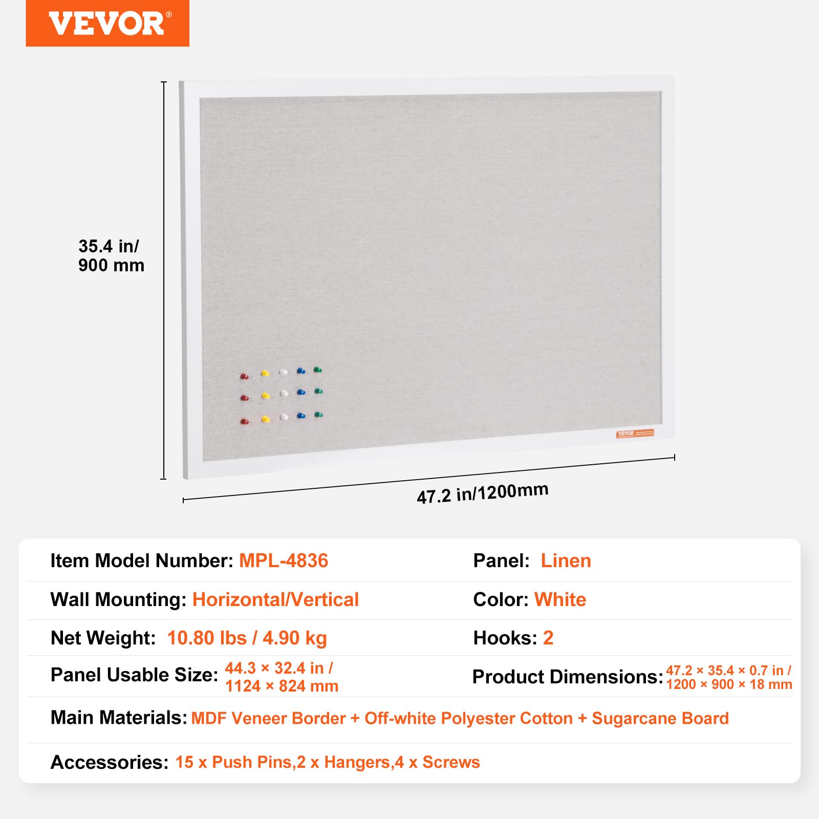 VEVOR Tablero de Corcho Blanco con Superficie de Lino 1200 x 900 mm Tablón de Anuncios de Pared con Marco de Madera Blanco Tablón de Anuncios Elegante y Funcional para Hogar, Escuela, Oficina