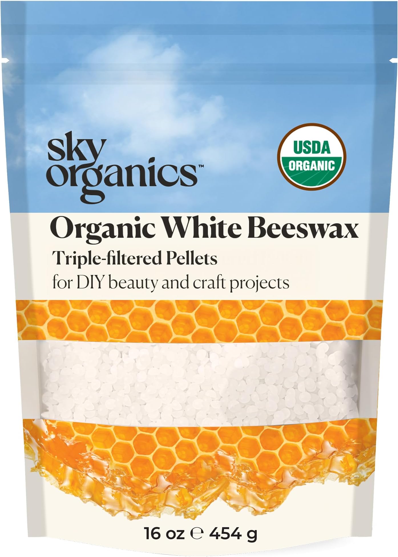 Sky Organics - Organic White Beeswax - DIY Home Essentials - Beauty, Skin Care, & Crafts - Candle Making Supplies - Make Lip Balm, Candles, Soap, Lotion, Cream, Body Butter - Mild Natural Scent, 16oz