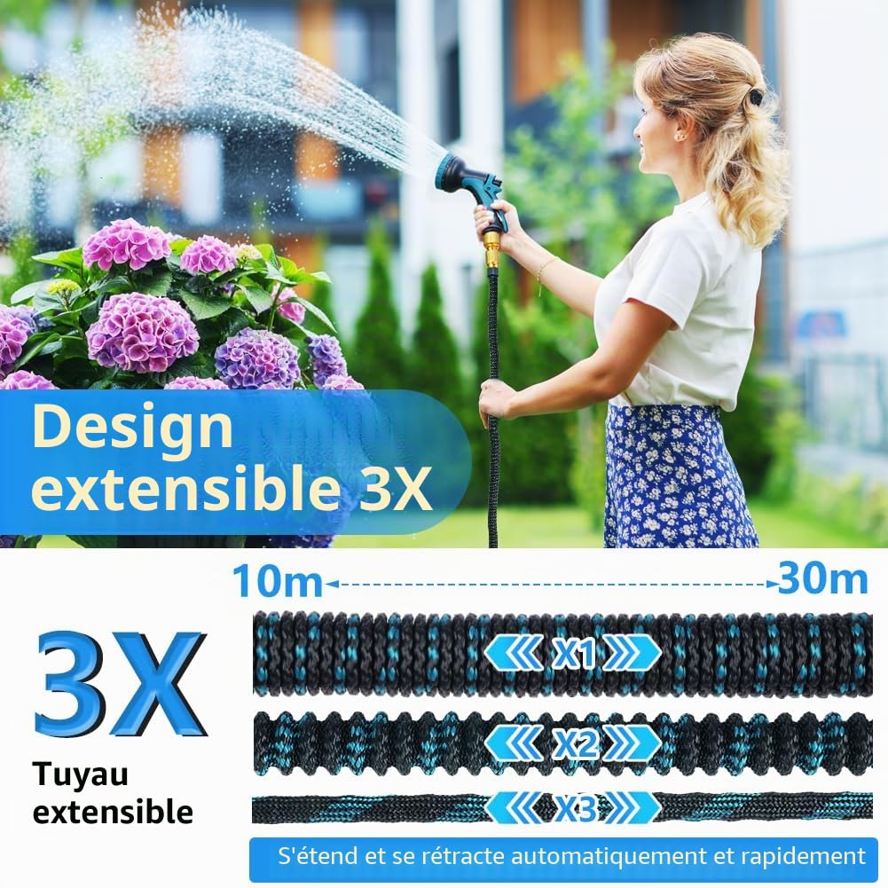 Tuyau d'Arrosage Extensible 30m, Flexible＆Léger, Tuyau d’Eau Réglable avec 1/2'' et 3/4'' Raccords, 10 Modes d'Arrosage pour Jardin, Irrigation, Nettoyage, Lavage de Voiture, Bain d'Animaux