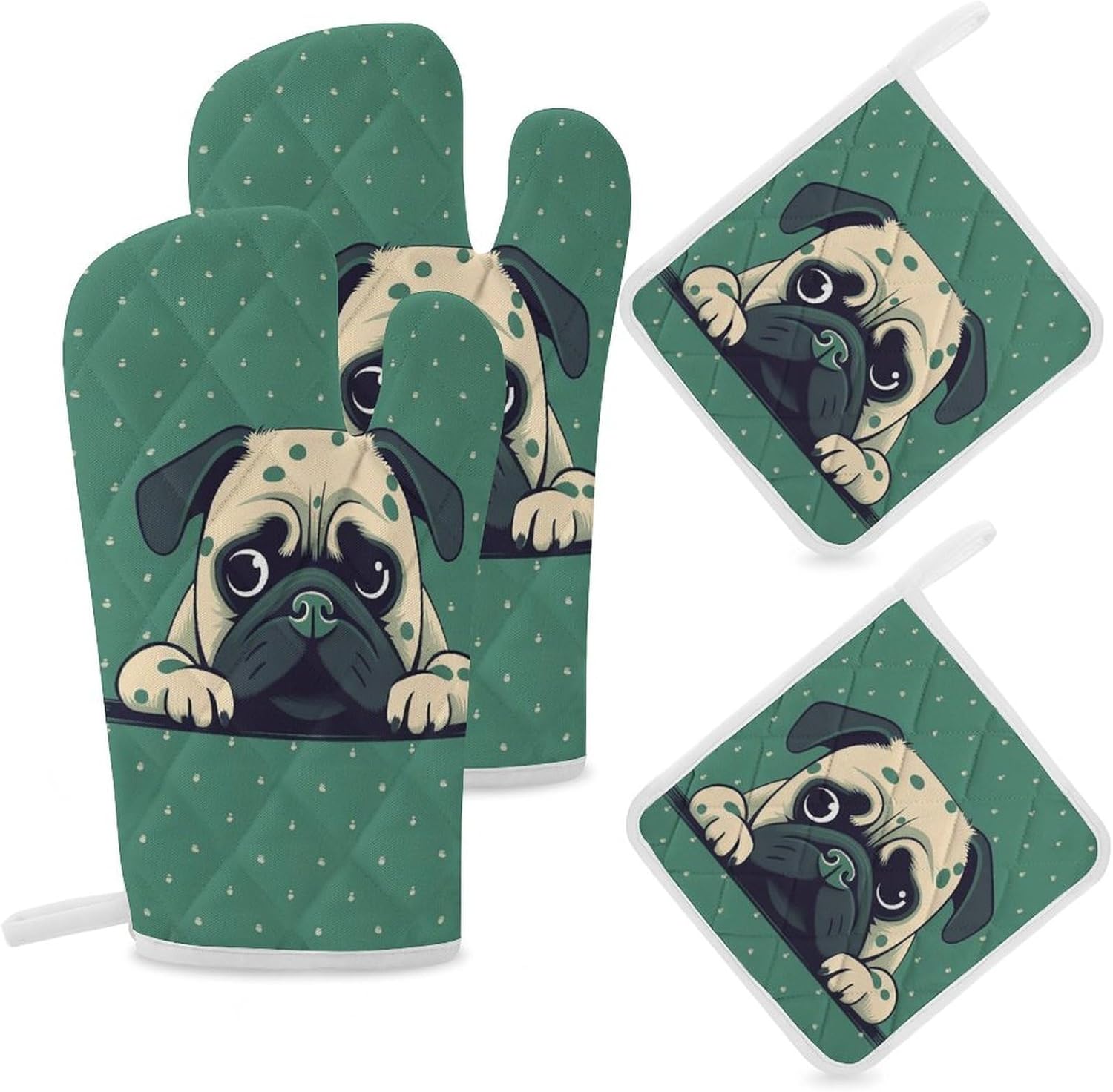 4-Piece Oven Mitts and Pot Holders Set Pug Green Polka Dot Printed Heat-Resistant Polyester Kitchen Gloves and Potholders Comfortable & Durable for Cooking Baking and Grilling
