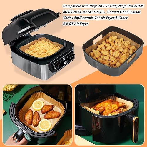 Miniatura 3 de BYKITCHEN Hojas para freidora de aire para parrilla Ninja AG301, Cosori, freidora de aire Gourmia, filtros de papel pergamino cuadrados de 9