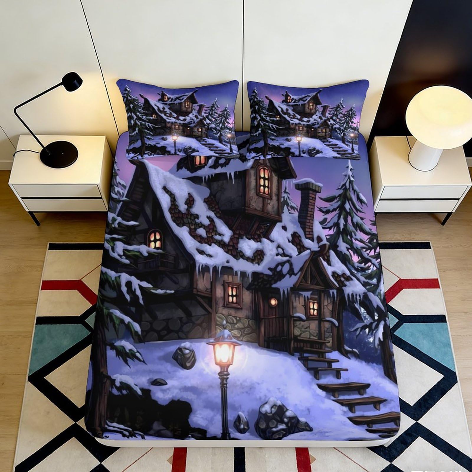 Pnayamiorkfel Style-5 3D Printed Snowy Cottage Fitted Sheet Microfiber Winter Night Bed Cover For Bedroom Guest Room Mattress Protection Decor 90X200x25cm