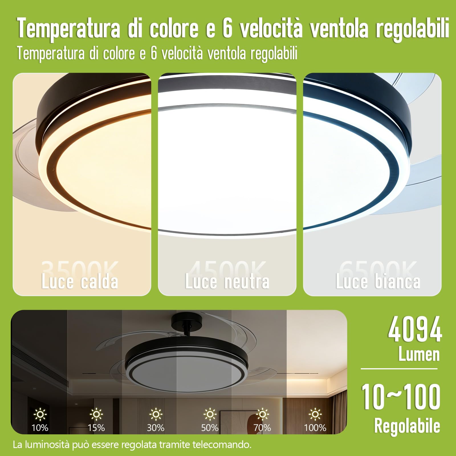 Ventilatore Soffitto Illuminazione LED 30W 3CCT 6500K/4500K/3500K 4094LM Dimmerabile 10%-100% 6 Velocità Timer Silenzioso per Soggiorno E Camera Letto Nero