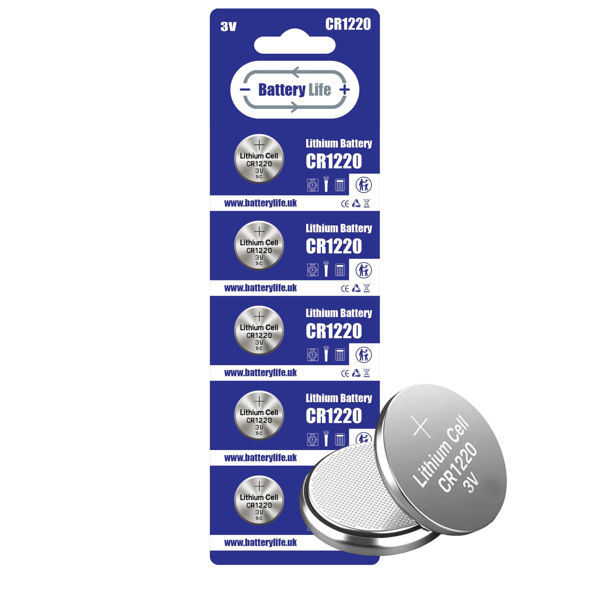 Battery Life CR1220 Batteries 3V Coin Button Cell CR 1220 Lithium Long Life For Car Key fob, Scales, Toys, Watch, LED Lights & More UK Brand (5 pack)