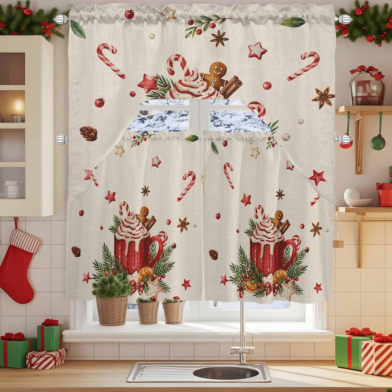 Christmas Watercolor Swag Kitchen Curtain Sets with Valance,3 Pieces Rod Pocket Curtain Drapes for Bedroom Living Room Bathroom Windows,Farmhosue Winter Red Flowers 56''x36'' & 24''x27.5''x2Panels